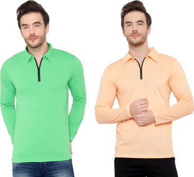 Jaskart Solid Men Polo Neck Green, Beige T-Shirt