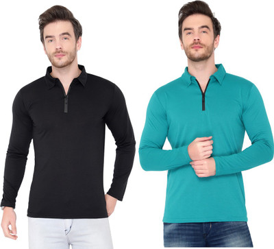 Jaskart Solid Men Polo Neck Green, Black T-Shirt