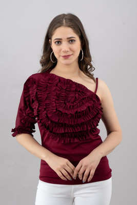 Surhi Casual Half Sleeve Solid Women Maroon Top