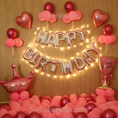 CherishX.com Solid Pink and Silver Happy Birthday Balloon Decoration Kit - DIY Combo 57 Pcs - Pink Heart Shape Foil Balloon, Princess Foil Balloon, Champagne Foil Balloon, Pink Balloons, Balloon Pump Letter Balloon(Multicolor, Pack of 57)
