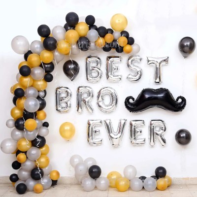 CherishX.com Solid Silver Brother Birthday and rakshabandhan Surprise Letter Balloon Decoration Kit - Combo 89 Pcs - Black and Golden Balloon with Mustache and Pump Balloon Bouquet(Multicolor, Pack of 89)