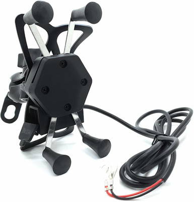 RoyalWolf X Grip 360 Degrees Mobile Holder with Adjustable Handlebar & Mirror Adjustable Mount for Motorcycle with USB Charging Point Bike Mobile Holder(Black)