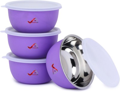 Homeish Stainless Steel, Polypropylene Serving Bowl Microwave Safe Plastic Coated Bowl Set with Lids Approx. 500ml x 14cms Each(Pack of 4, Purple)