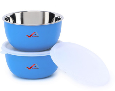 Homeish Stainless Steel, Polypropylene Vegetable Bowl Microwave Safe Bowl Set with Lids for Reheating Approx. 500ml X 14cms Each(Pack of 2, Blue)