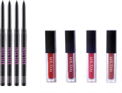 kHUDAt Matte Minis Red Edition Liquid Lipstick Set of 4 & 4 Pcs Kajal Pen(Black)(8 Items in the set)