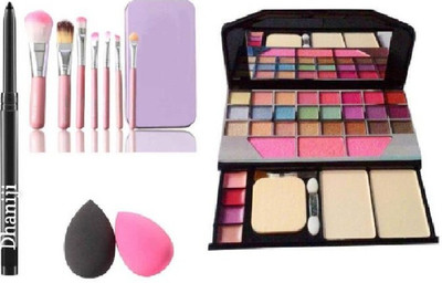 Dhaniji BLACK Smudge Proof Kajal,Washable Makeup Sponge Beauty Blender Puff wit Set of 7 Makeup Brushes include storage box& All in One Best Makeup kit 6155 (Eyeshadow,Blusher,Compact,Lip Gloss (5 Items in the set)(5 Items in the set)
