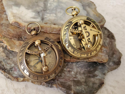 Ascent India Brass sundial compass set of 2 polished and antique finish nautical gift Compass(Gold, Brown)