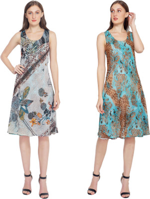 TSM Women A-line Beige, Light Blue Knee Length Dress
