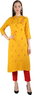 his&her Women Embroidered Straight Kurta(Yellow)
