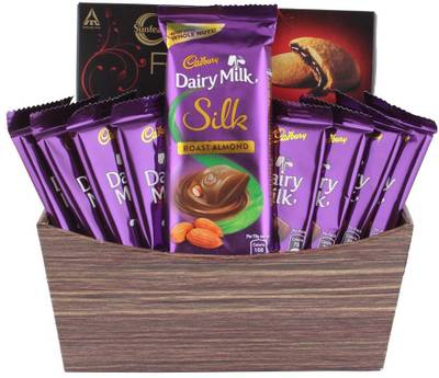 Cadbury Creamy Dairy Milk Silk With Chocolaty Dark Fantasy | Dairy Milk Chocolate Basket | Chocolate Gift Hamper For Holi, Rakhi, Christmas, Birthday, Anniversary, Diwali Combo  (1 - Basket , 8 Dairy Milk (13.2g) , 1 Dairy Milk Silk Roast Almond (58g) , 1 Dark Fantasy (75g))