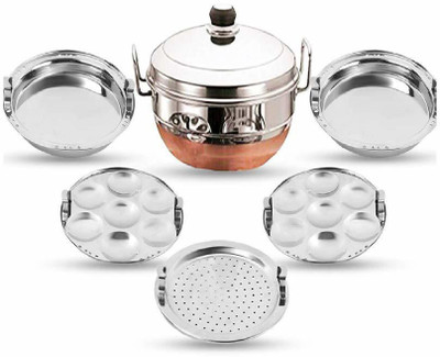 MAHADEV SHOPCART All-in-One Steel Idli Cooker Multi Kadai Steamer Copper Bottom With Lid,5 Plates Standard Idli Maker(5 Plates , 14 Idlis )