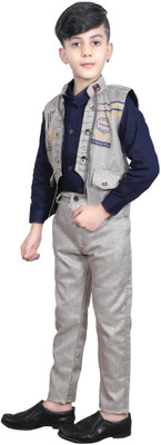PECULIARITY Boys Festive & Party Blazer, Shirt and Trouser Set(Dark Blue Pack of 1)