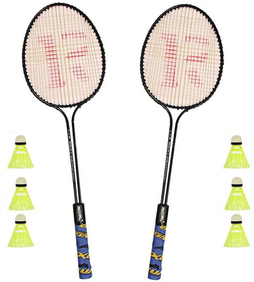 KNK Double Shaft Iron Body Badminton Racket Pack Of 2 Piece With 6 Piece Plastic Shuttles Badminton Kit