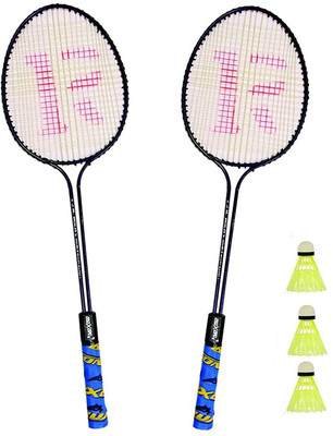 KNK Double Shaft Iron Body Badminton Racket Pack Of 2 Piece With 3 Piece Plastic Shuttles Badminton Kit