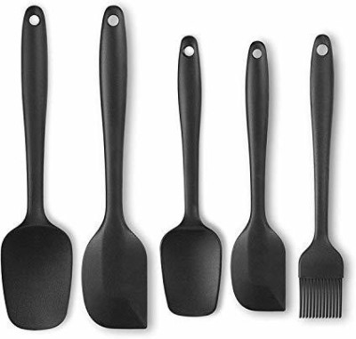 RABBONIX 5 Piece Kitchen Tool Silicone Spoonula, Spatula and Basting Brush, Heat Resistant and Non-Stick Cookware Cooking Utensil Set, Dishwasher Safe, Black Non-Stick Spatula(Pack of 5)