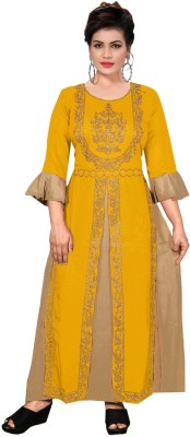 Jay Mataji Creation Women Embroidered Gown Kurta(Gold, Yellow)