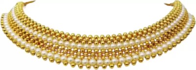 Heer Collection Traditional Wedding Maharashtrian Kolhapuri Thushi ( Choker ) Necklace Set Jewellery for Women and Girls Pearl, Cubic Zirconia Gold-plated Plated Copper Necklace