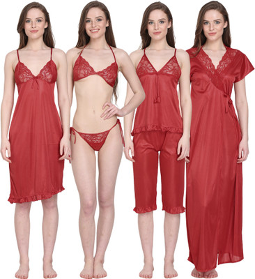 Golden Diva Women Nighty Set(Maroon)