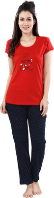 DZZO Women Printed Red Top & Pyjama Set