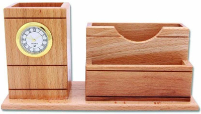 SHENKY 3 Compartments wooden Pen stand with watch(wooden)