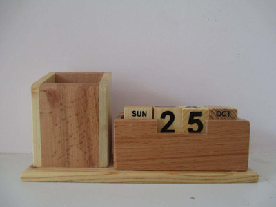 SHENKY 2 Compartments wooden Pen stand with calendar(wooden)