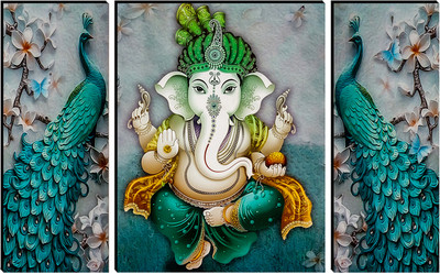 Indianara 3 PC SET OF LORD GANESH WITH PAIR OF PEACOCKS MDF PAINTING (3472 FL) WITHOUT GLASS Digital Reprint 12 inch x 18 inch Painting(Without Frame, Pack of 3)