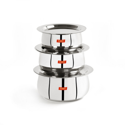 Sumeet Stainless Steel Belly Shape 3 Pc Tope / Cookware/ Pot Set with Lid 380ML, 500ML, 780ML, (Silver) with Lid 0.38 L, 0.5 L, 0.78 L capacity 12.1 cm, 13.6 cm, 15 cm diameter(Stainless Steel, Induction Bottom)