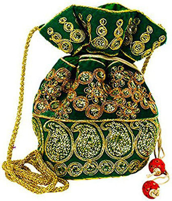 Avanti Creation Multicolour Jardosh Embroidery Raw Silk Potli Bag with String Green Potli