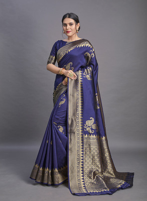 GREEN PEARS Woven Banarasi Jacquard Saree(Dark Blue)