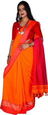 sourav biswas Temple Border, Solid/Plain Tant Viscose Rayon, Pure Cotton Saree(Orange)