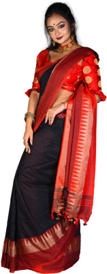 sourav biswas Temple Border, Solid/Plain Tant Viscose Rayon, Pure Cotton Saree(Black)