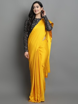 VILLAGIUS Solid/Plain Bollywood Silk Blend, Satin Saree(Yellow)