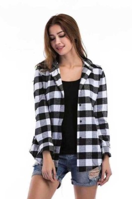 DZEB Women Checkered Casual White, Black Shirt