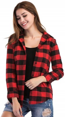 DZEB Women Checkered Casual Red, Black Shirt