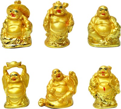 Vastu Art Vastu / Feng Shui / Golden Set Of Laughing Buddha 6 Pc Set / 6 different Poses Set Decorative Showpiece  -  5 cm(Polyresin, Gold)