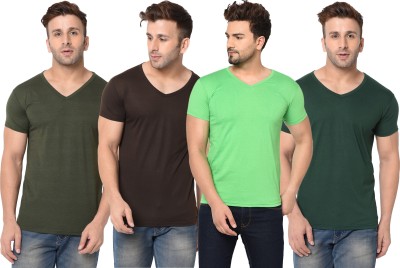 Jaskart Solid Men V Neck Dark Green, Brown, Light Green T-Shirt