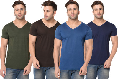 Adorbs Solid Men V Neck Dark Blue, Dark Green, Brown T-Shirt