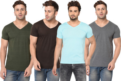 Tivy Solid Men V Neck Multicolor T-Shirt