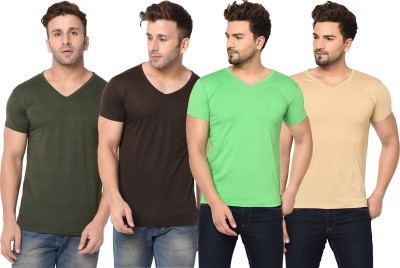 Jangoboy Solid Men V Neck Brown, Grey, Beige T-Shirt