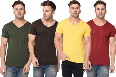 Jangoboy Solid Men V Neck Multicolor T-Shirt