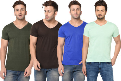 Jangoboy Solid Men V Neck Multicolor T-Shirt