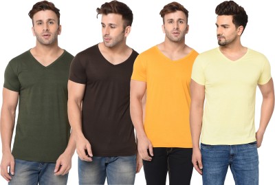 Jaskart Solid Men V Neck Dark Green, Brown, Yellow T-Shirt