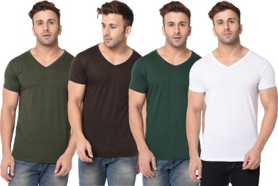 Jangoboy Solid Men V Neck Dark Green, White, Brown T-Shirt