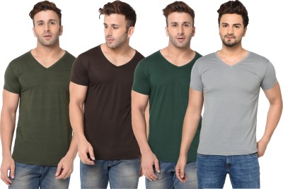 Jaskart Solid Men V Neck Dark Green, Brown, Grey T-Shirt