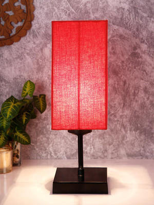 Devansh Square Red Cotton Shade Table Lamp with Iron Base Table Lamp(40 cm, Red)