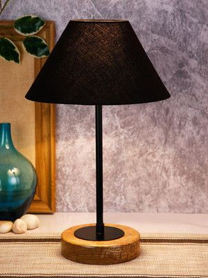 Devansh Conical Black Cotton Shade Table Lamp with Wood Base Table Lamp(41 cm, Black)
