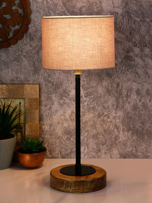 Devansh Drum Grey Cotton Shade Table Lamp with Wood Base Table Lamp(42 cm, Grey)