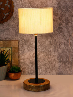 Devansh Drum Off White Cotton Shade Table Lamp with Wood Base Table Lamp(42 cm, OFF-WHITE)