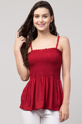 Fabitto Casual Sleeveless Solid Women Red Top