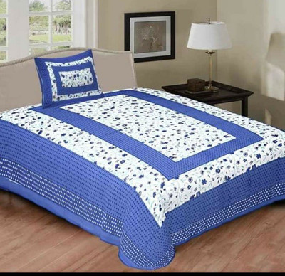 Sanganeri Mart Cotton Single Flat 150 TC Jaipuri Prints Bedsheet(Pack of 1, Blue White)